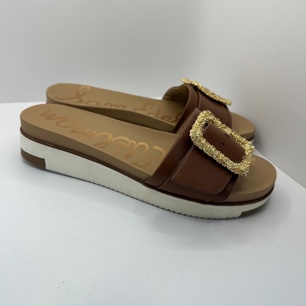 Sam Edelman Ariane Dark Bourbon Open Toe Buckle Flat Leather Slides Sandals 7.5 - Picture 2 of 8